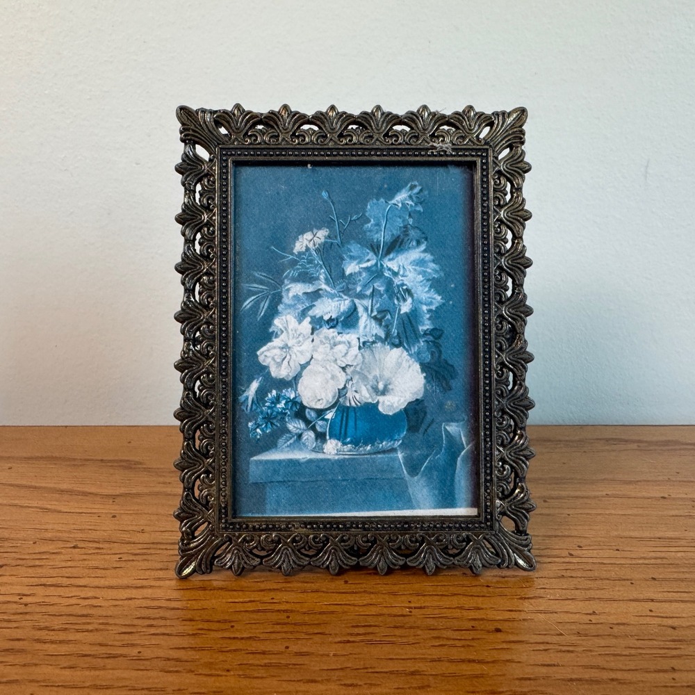 Vintage Ornate Brass Miniature Picture Frame Made in Italy Blue Floral Art